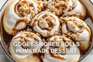 Gooey Smores Rolls Recipe Irresistibly Delicious GOOEY SMORES ROLLS HOMEMADE DESSERT centered hero view, clean and uncluttered
