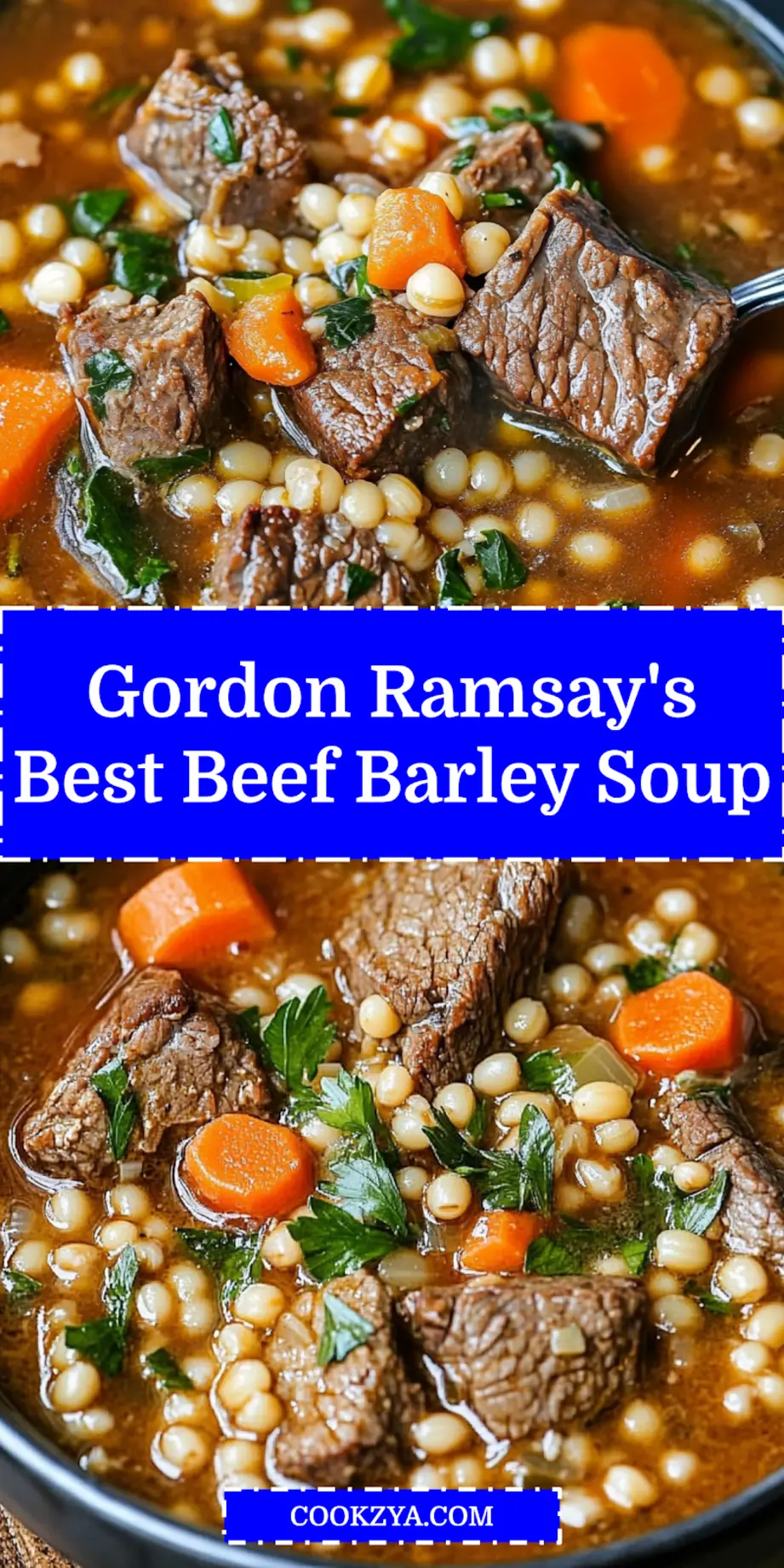 Finished bowl of Gordon Ramsay beef barley soup, warm and inviting
