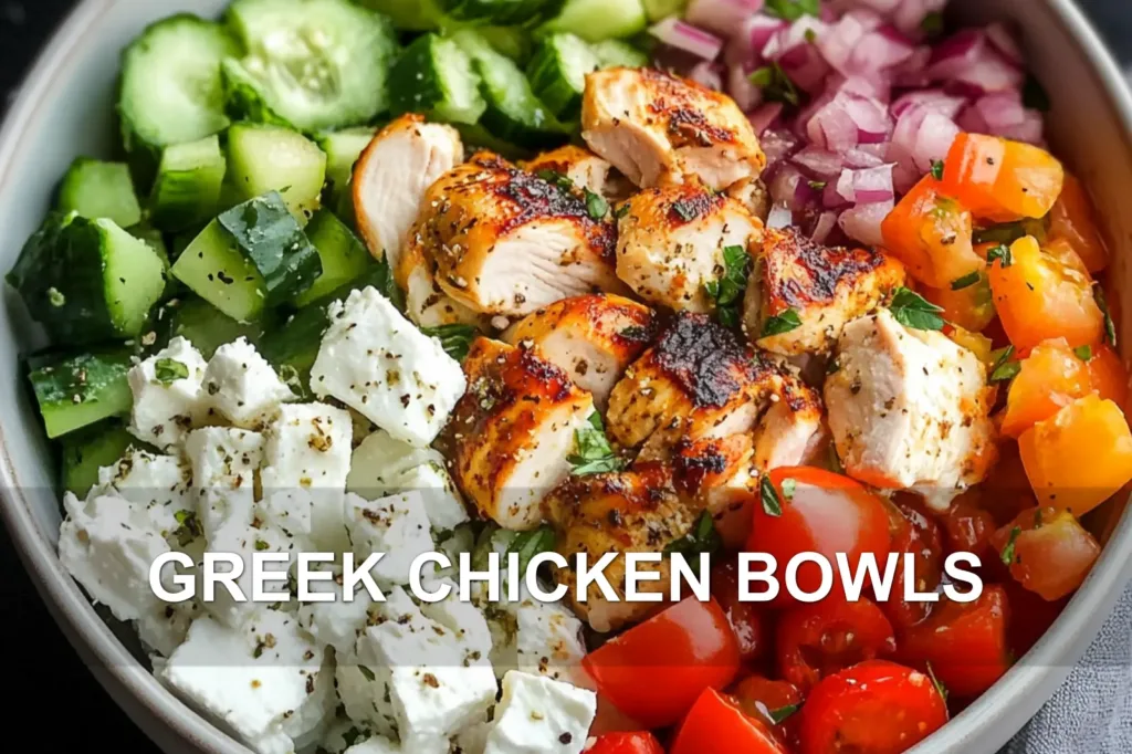 GREEK CHICKEN BOWLS centered hero view, clean and uncluttered