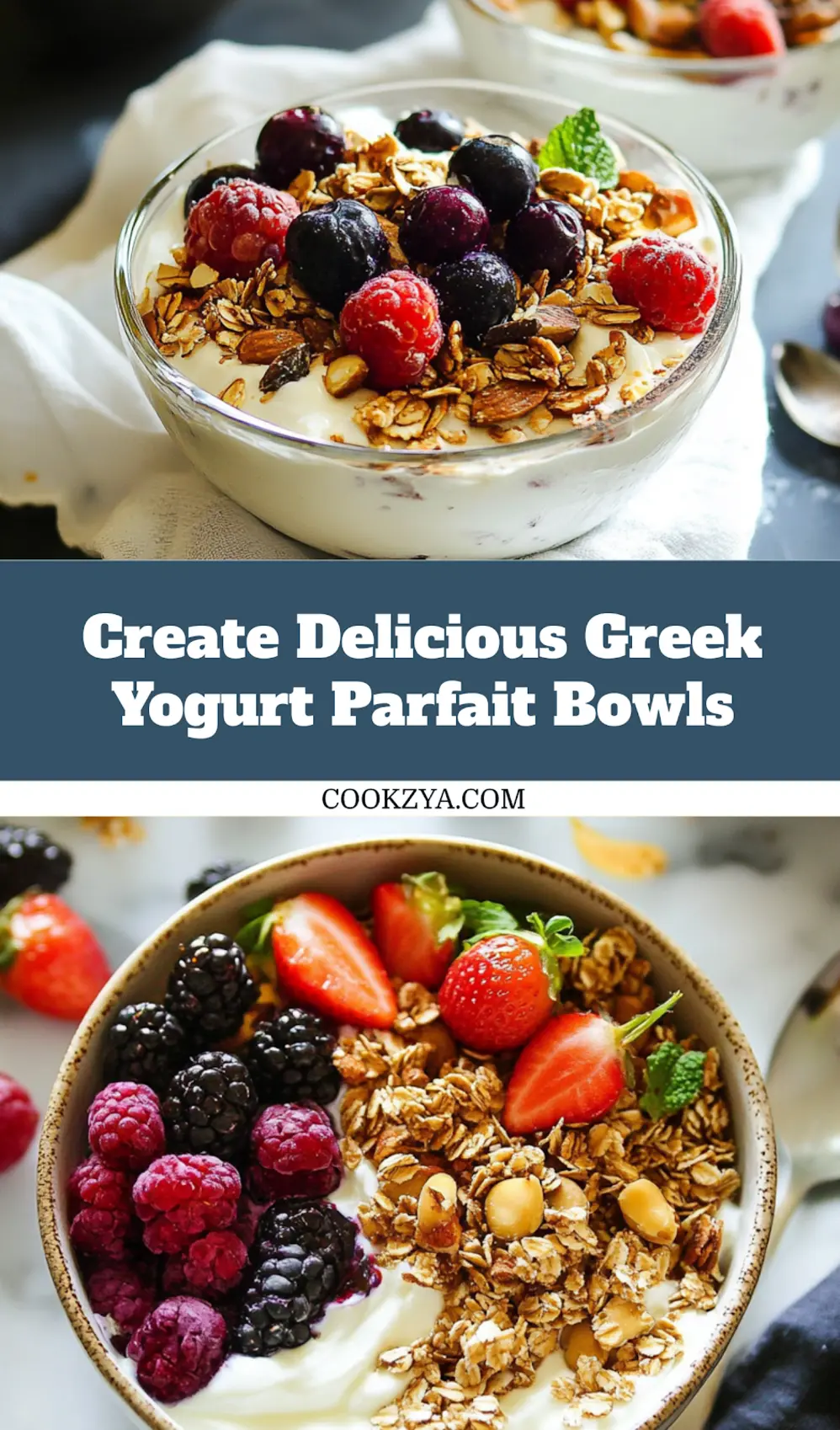 Enjoy Greek Yogurt Parfait Bowls for a Happy Day 7 Greek Yogurt Parfait Bowl topped with fresh fruit and nuts, clean and bright presentation