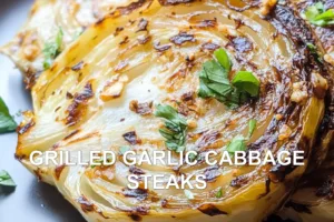 GRILLED GARLIC CABBAGE STEAKS centered hero view, clean and uncluttered