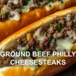 GROUND BEEF PHILLY CHEESESTEAKS centered hero view, clean and uncluttered