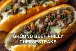 GROUND BEEF PHILLY CHEESESTEAKS centered hero view, clean and uncluttered