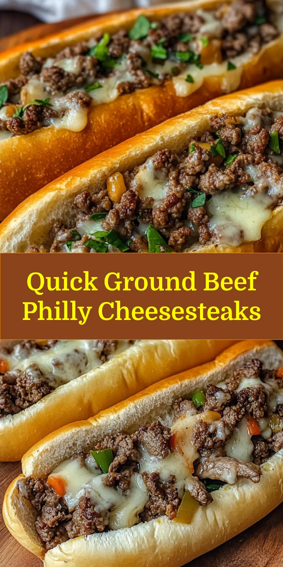 Close-up of finished ground beef Philly cheesesteak sandwich