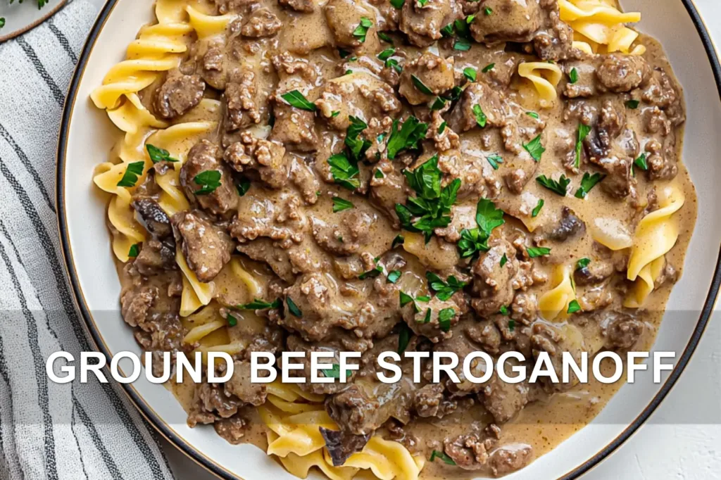 GROUND BEEF STROGANOFF centered hero view, clean and uncluttered