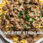GROUND BEEF STROGANOFF centered hero view, clean and uncluttered