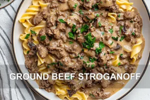GROUND BEEF STROGANOFF centered hero view, clean and uncluttered