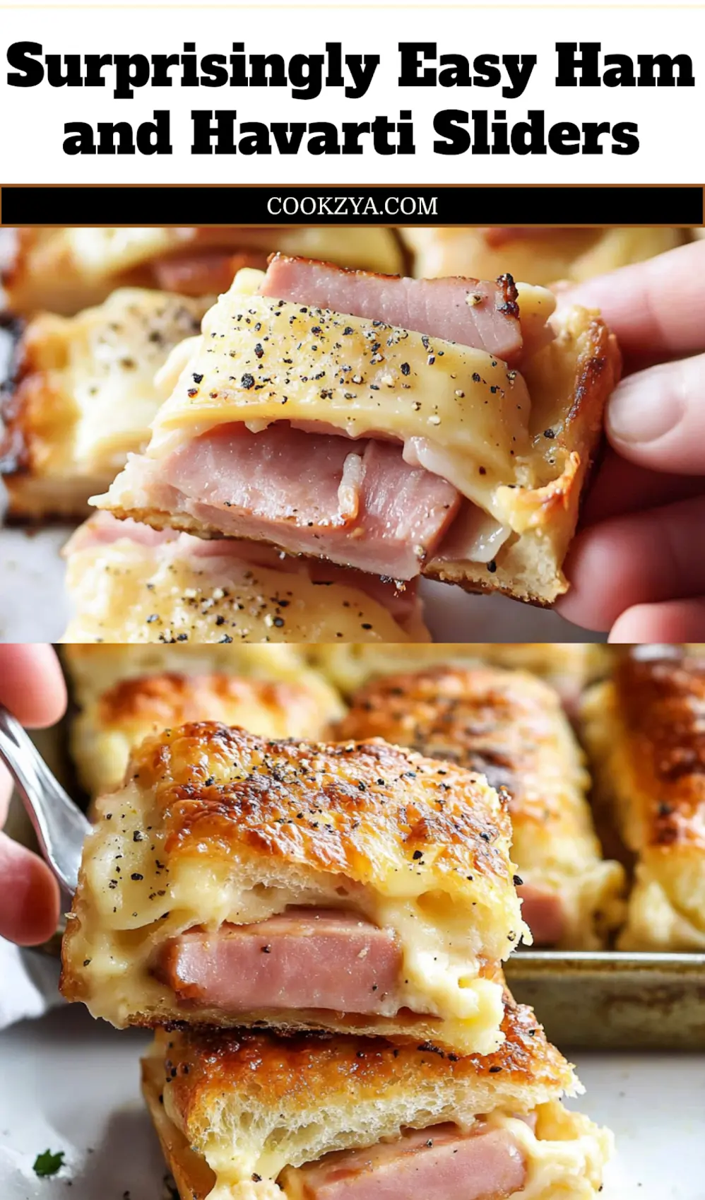 Overhead close-up view of a pan of golden brown Ham and Havarti Cheese Sliders, garnished with poppy seeds, ready to serve.