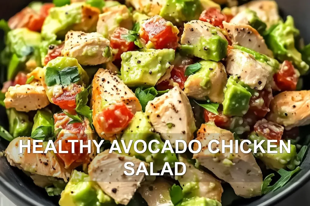 HEALTHY AVOCADO CHICKEN SALAD centered hero view, clean and uncluttered