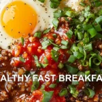 HEALTHY FAST BREAKFAST centered hero view, clean and uncluttered