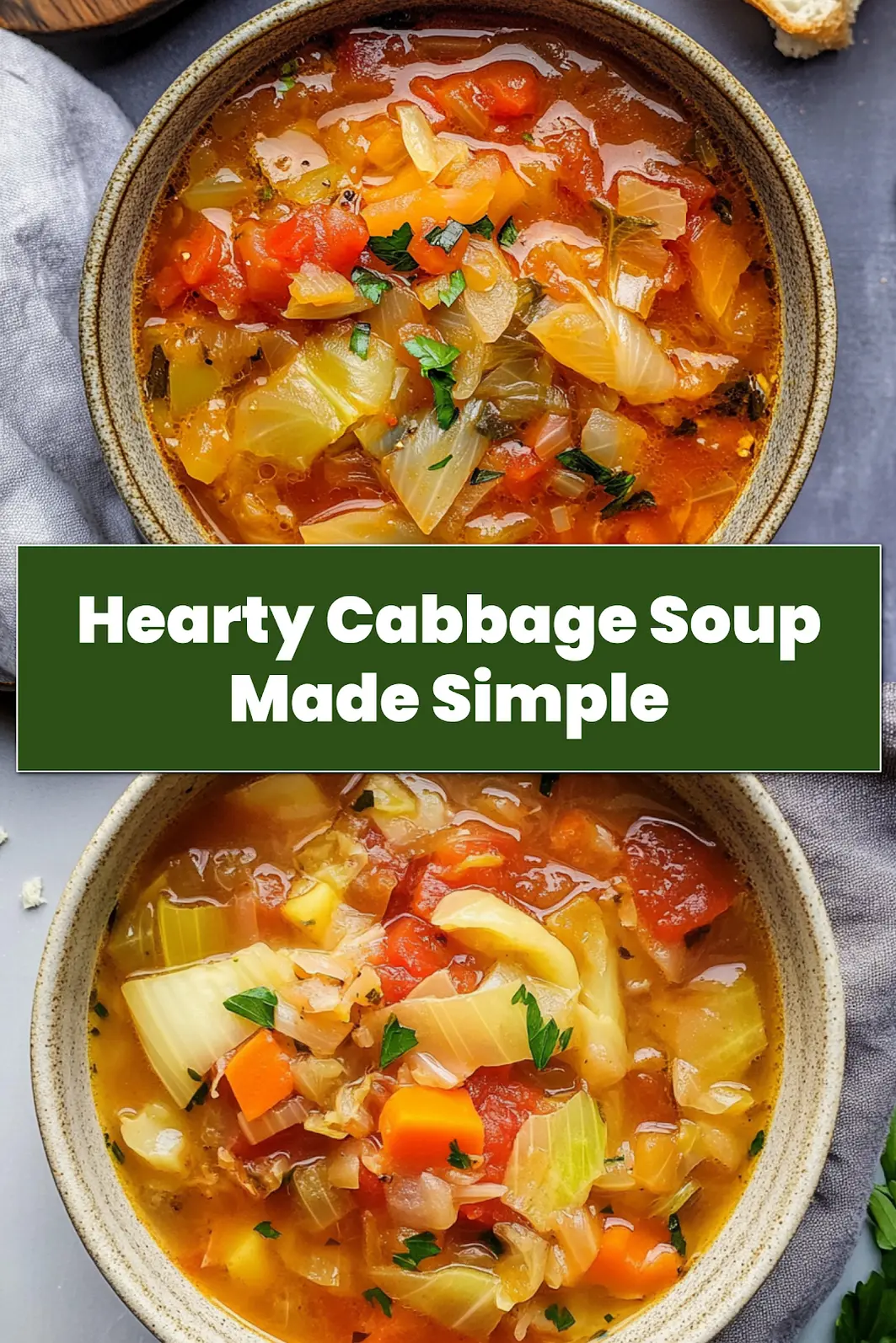 A steaming bowl of Hearty Cabbage Soup served in a rustic bowl with fresh herbs