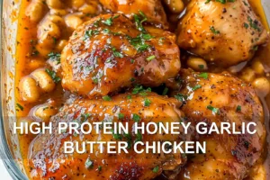 HIGH PROTEIN HONEY GARLIC BUTTER CHICKEN centered hero view, clean and uncluttered