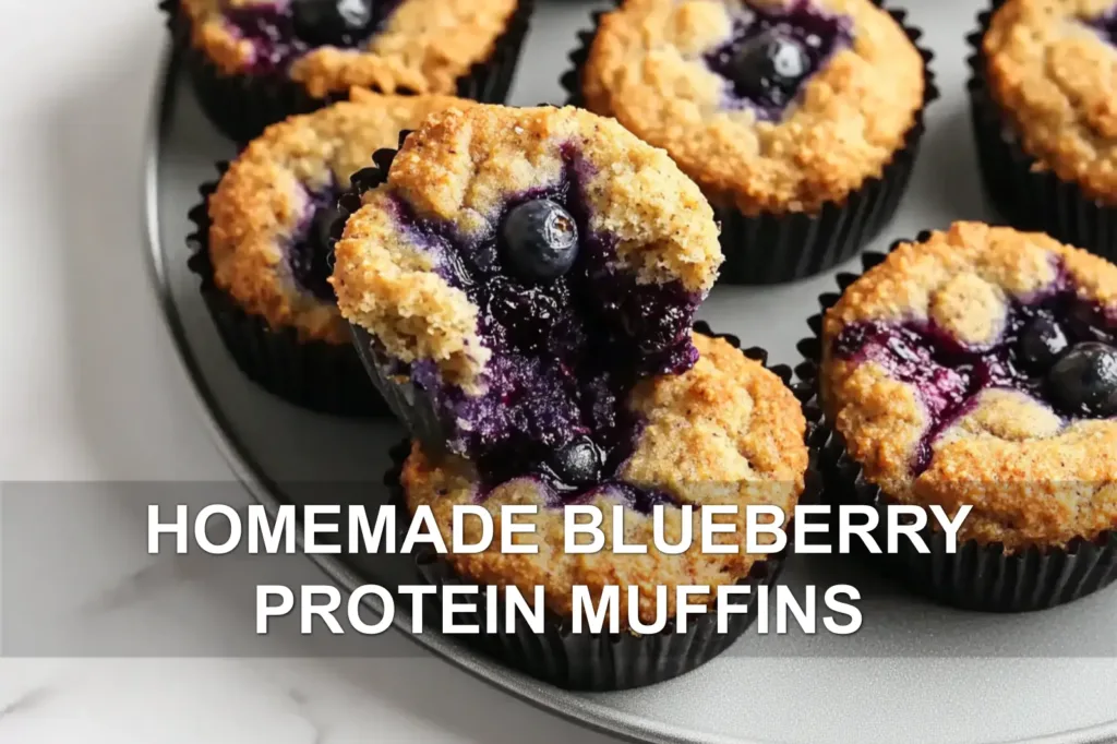 HOMEMADE BLUEBERRY PROTEIN MUFFINS centered hero view, clean and uncluttered