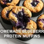 HOMEMADE BLUEBERRY PROTEIN MUFFINS centered hero view, clean and uncluttered