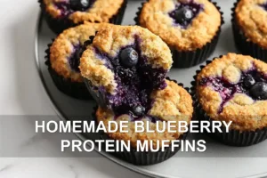 How to Make Homemade Blueberry Protein Muffins HOMEMADE BLUEBERRY PROTEIN MUFFINS centered hero view, clean and uncluttered