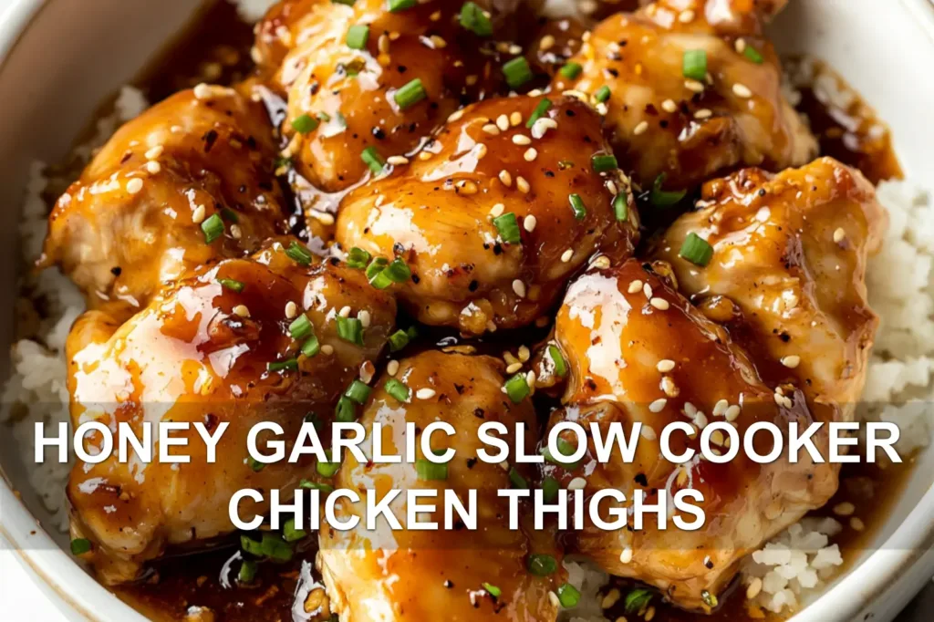 HONEY GARLIC SLOW COOKER CHICKEN THIGHS centered hero view, clean and uncluttered