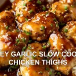 HONEY GARLIC SLOW COOKER CHICKEN THIGHS centered hero view, clean and uncluttered