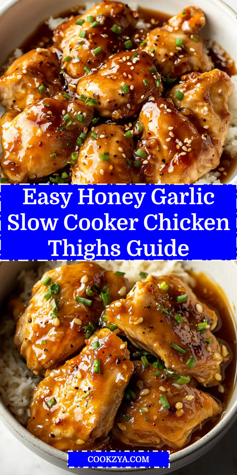HONEY GARLIC SLOW COOKER CHICKEN THIGHS centered hero view, clean and uncluttered_pin