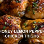 HONEY LEMON PEPPER CHICKEN THIGHS centered hero view, clean and uncluttered
