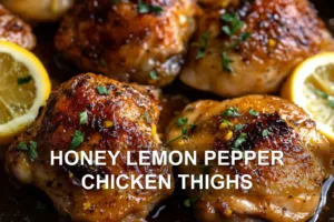 HONEY LEMON PEPPER CHICKEN THIGHS centered hero view, clean and uncluttered