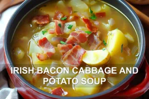 IRISH BACON CABBAGE AND POTATO SOUP centered hero view, clean and uncluttered