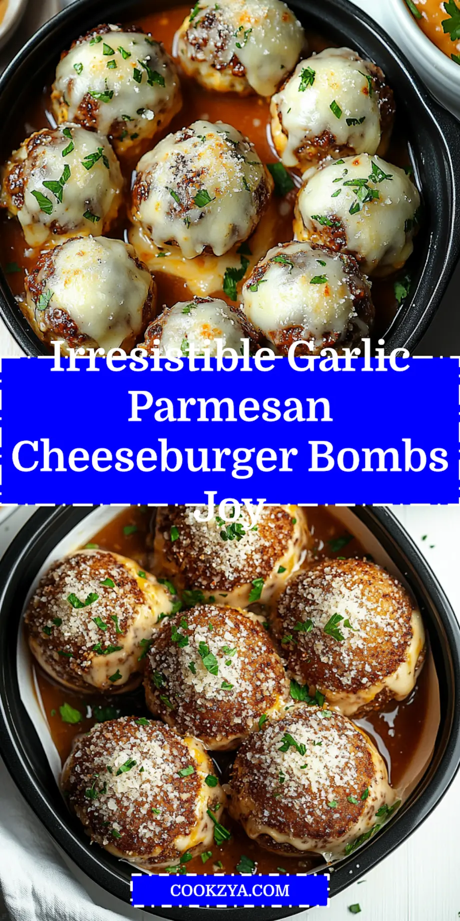 IRRESISTIBLE GARLIC PARMESAN CHEESEBURGER BOMBS centered hero view, clean and uncluttered_pin