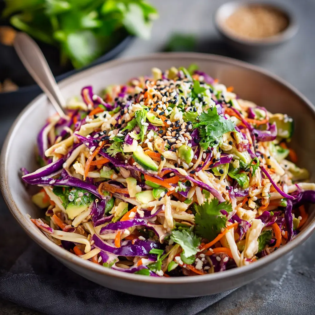 Asian slaw with sesame ginger dressing, centered hero view, clean and uncluttered