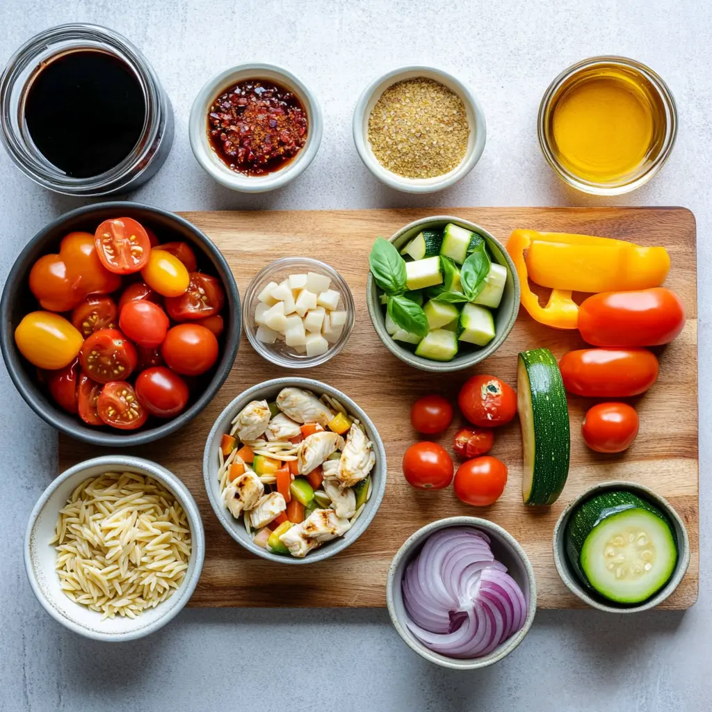 Ingredients for Balsamic Chicken Veggie Orzo, neatly arranged and colorful
