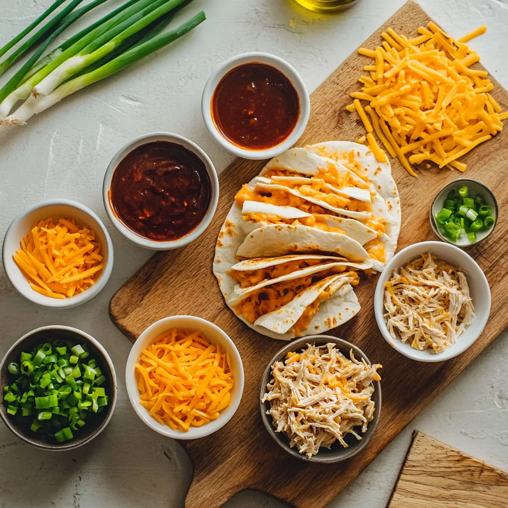 Ingredients for BBQ Chicken Quesadillas laid out cleanly