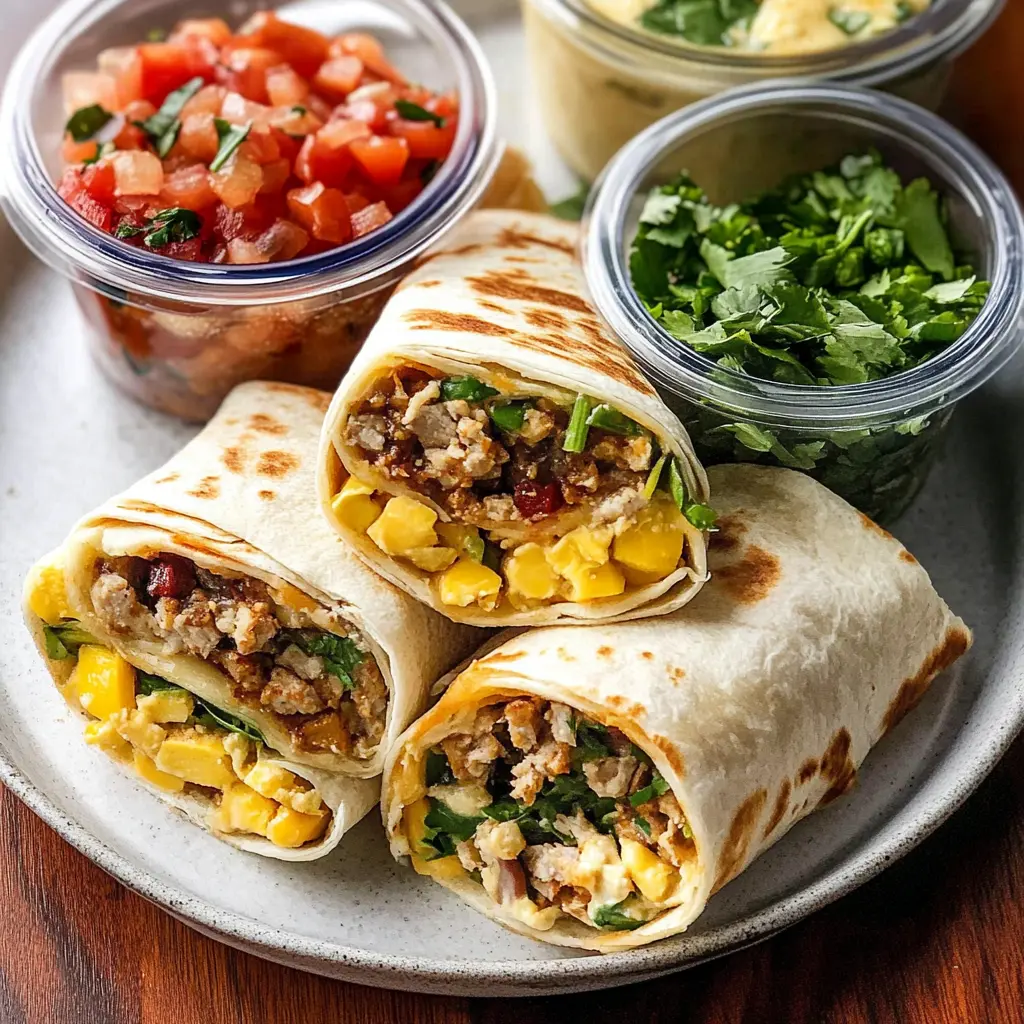 Ingredients for breakfast burrito meal prep arranged neatly on a counter