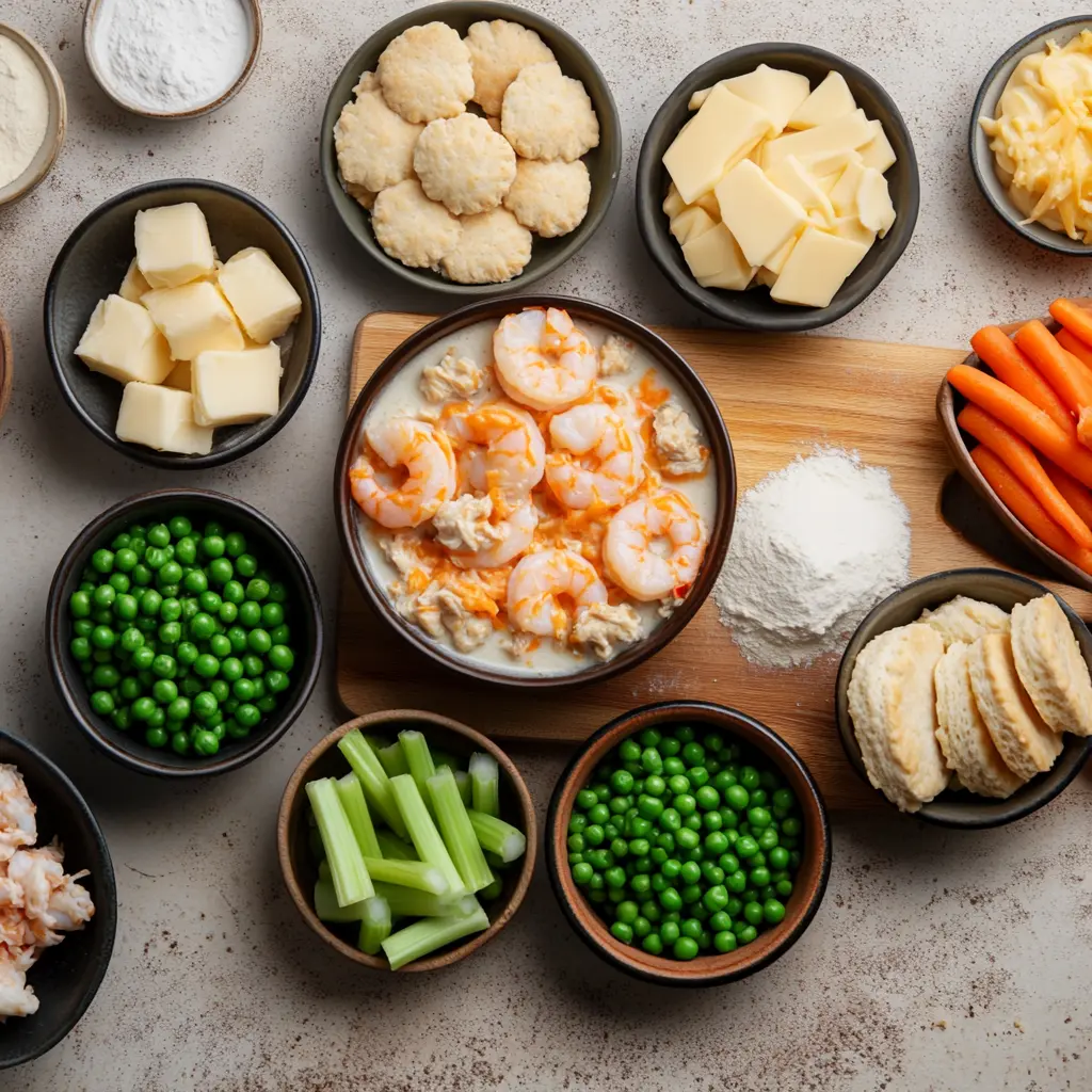 How to Make Cheddar Bay Biscuit Seafood Pot Pie 6 Ingredients for Cheddar Bay Biscuit Seafood Pot Pie displayed cleanly and centered