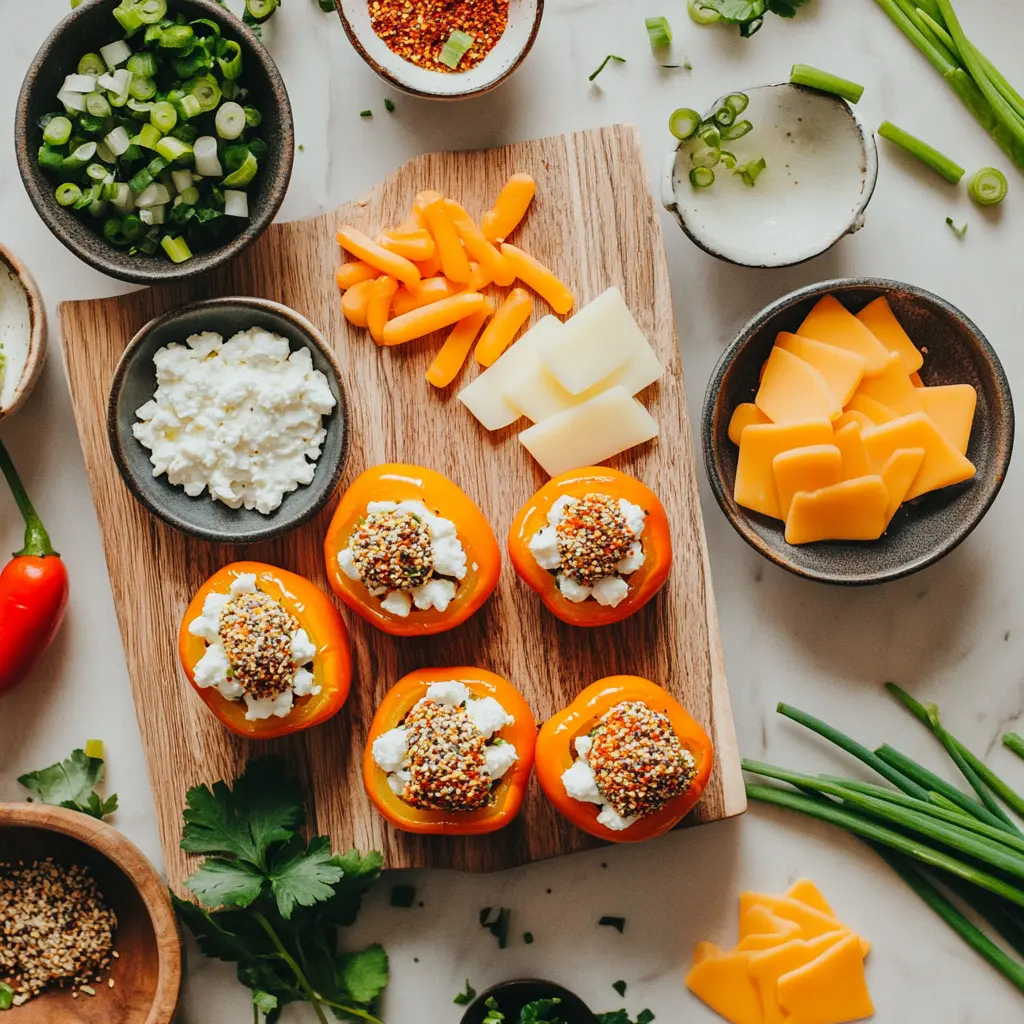 How to Make Cheese Bagel-Stuffed Mini Peppers: Irresistible 6 CHEESE BAGEL STUFFED MINI PEPPERS RECIPE centered hero view, clean and uncluttered