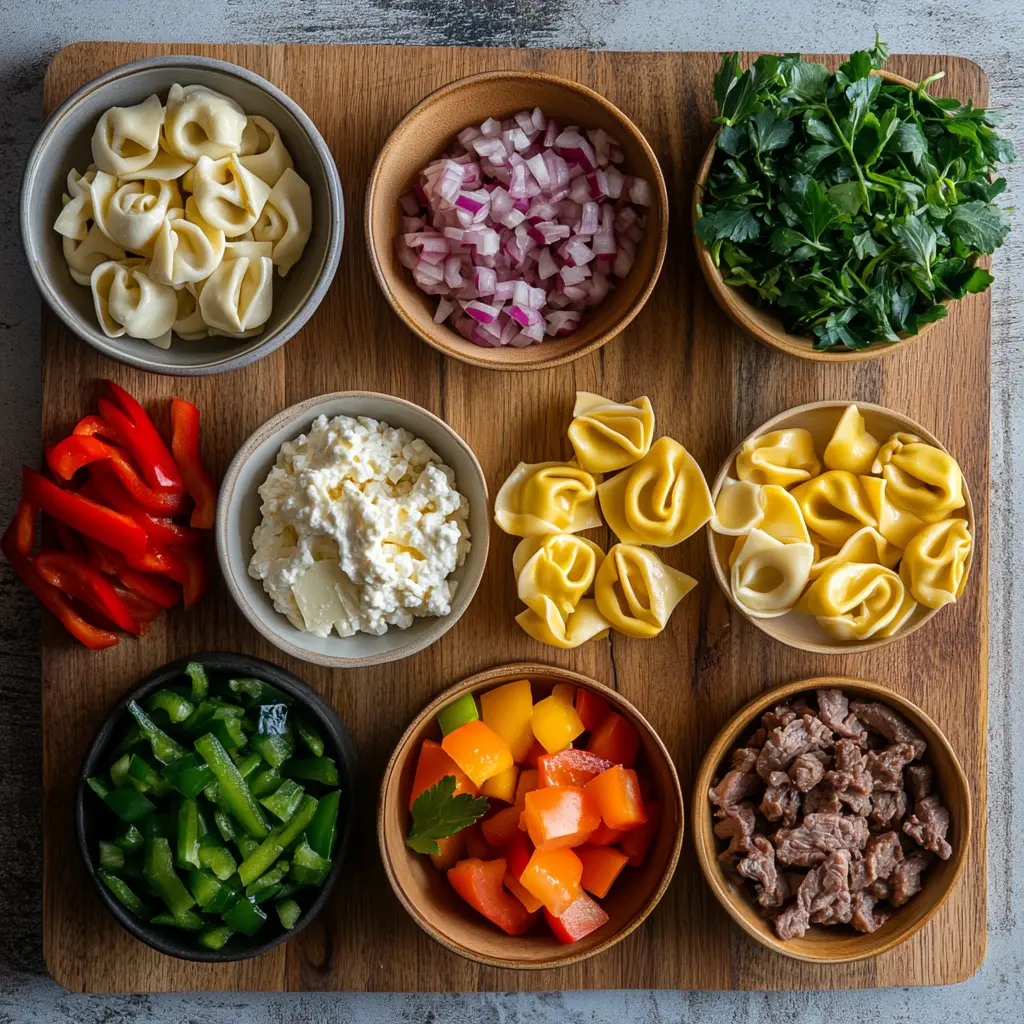 New Cheesesteak Tortellini Rich Provolone Sauce 6 CHEESESTEAK TORTELLINI RICH PROVOLONE SAUCE centered hero view, clean and uncluttered