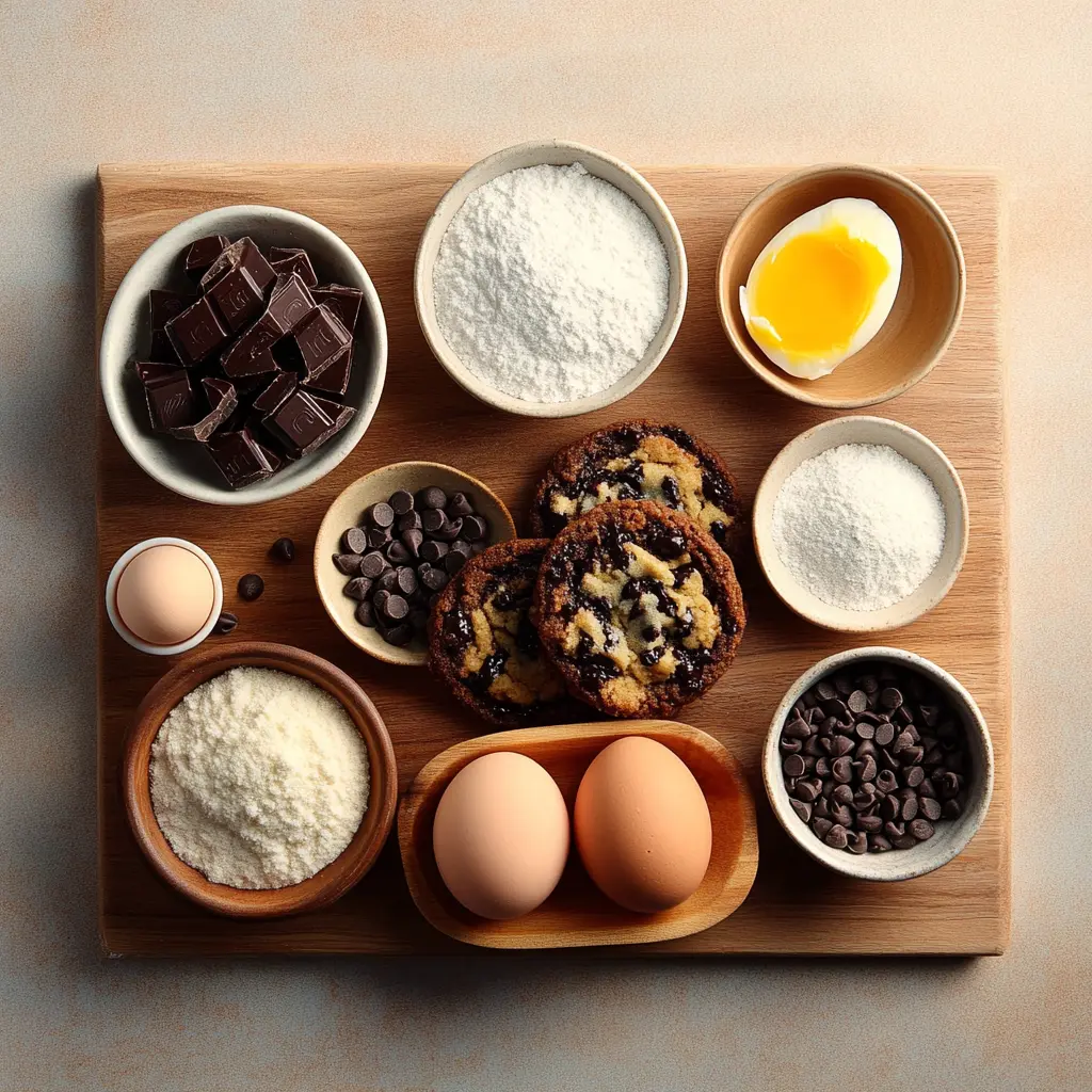 Ingredients for chewy chocolate chip cookies neatly arranged