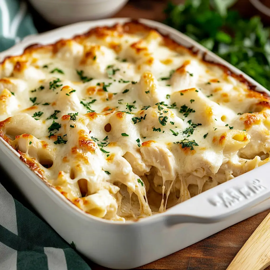Ingredients for Chicken Alfredo Bake displayed neatly on a countertop