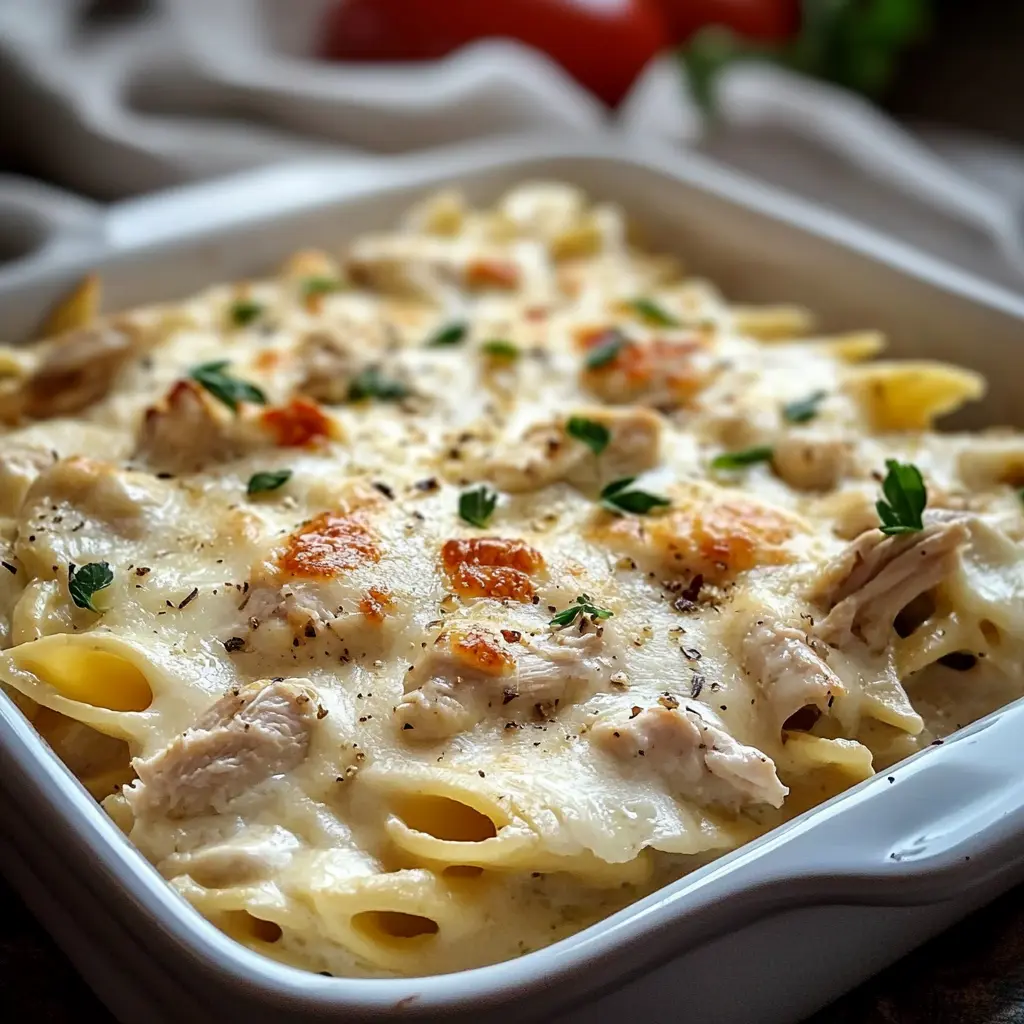 Ingredients for Chicken Alfredo Casserole displayed on a clean surface
