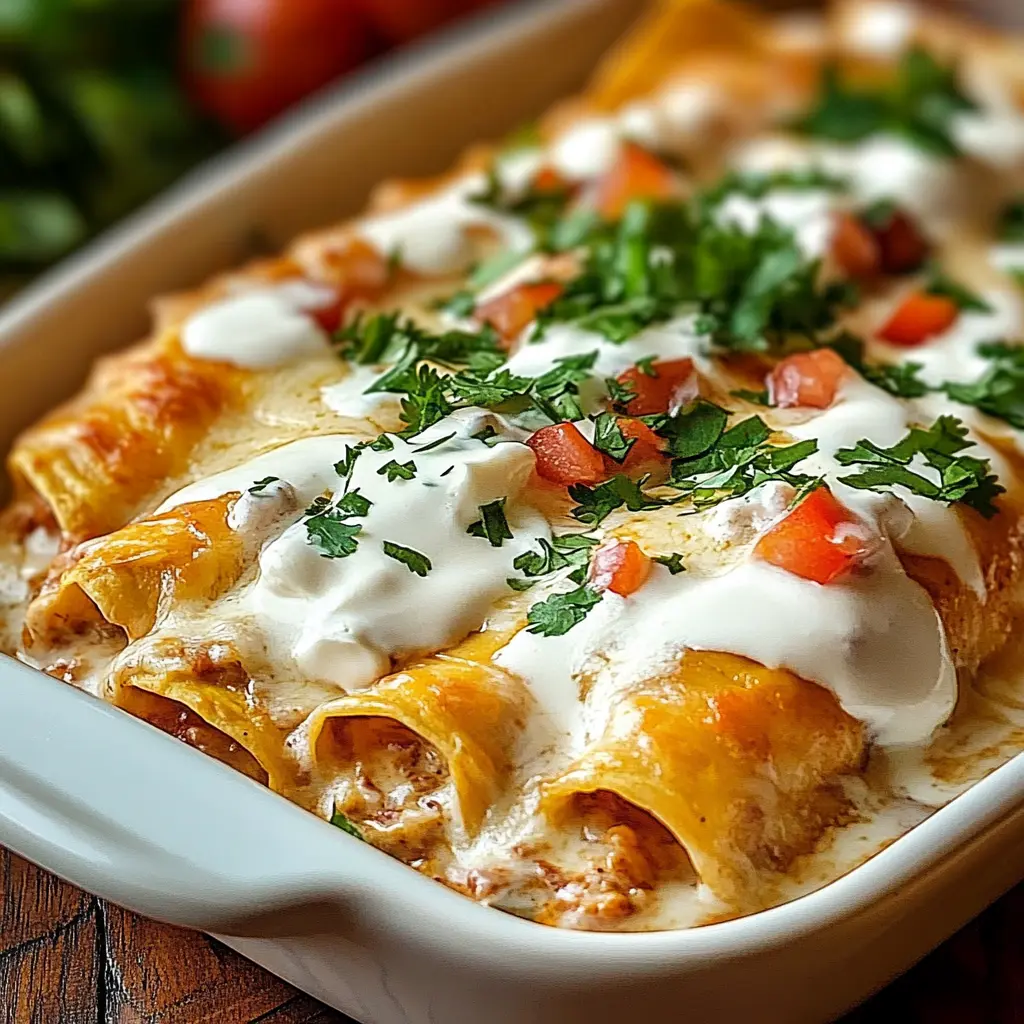 Chicken enchiladas with sour cream white sauce, centered hero view, clean and uncluttered