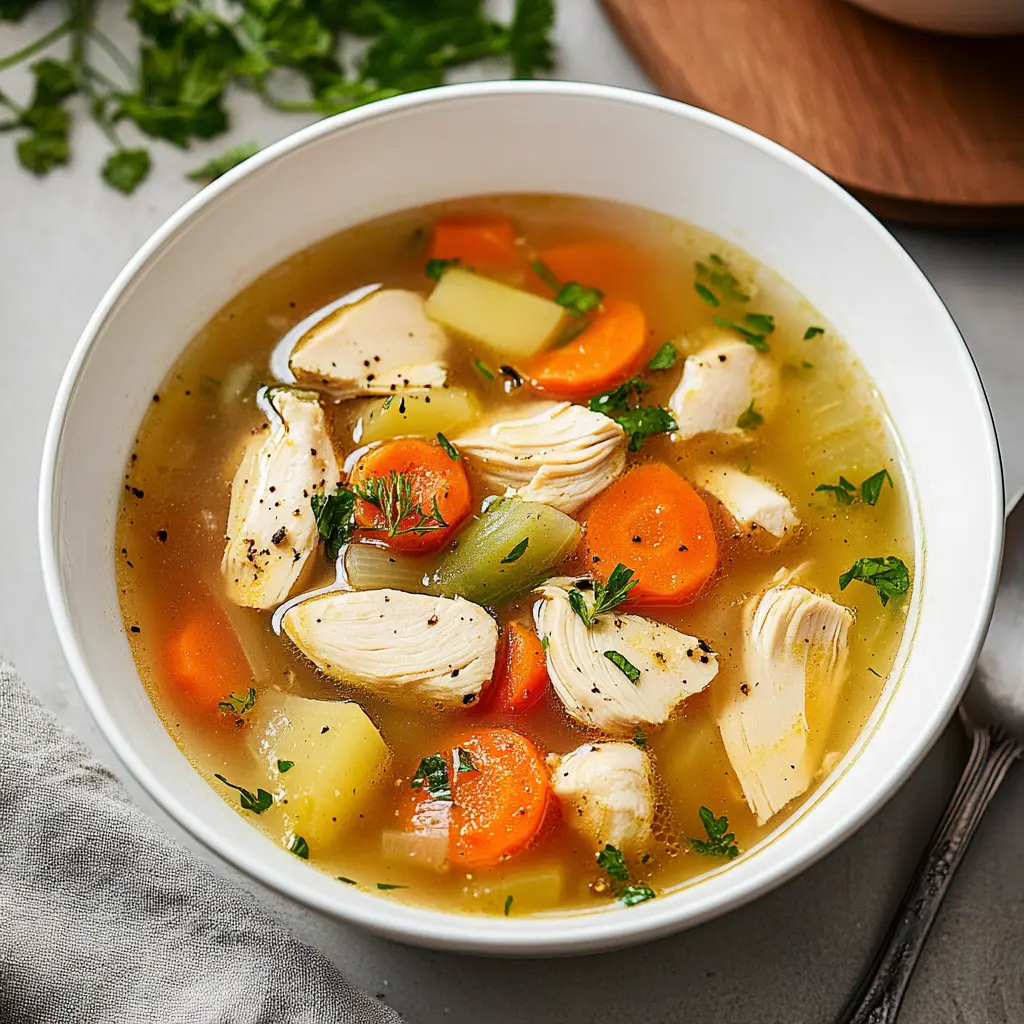 Ingredients for chicken soup laid out cleanly and clearly