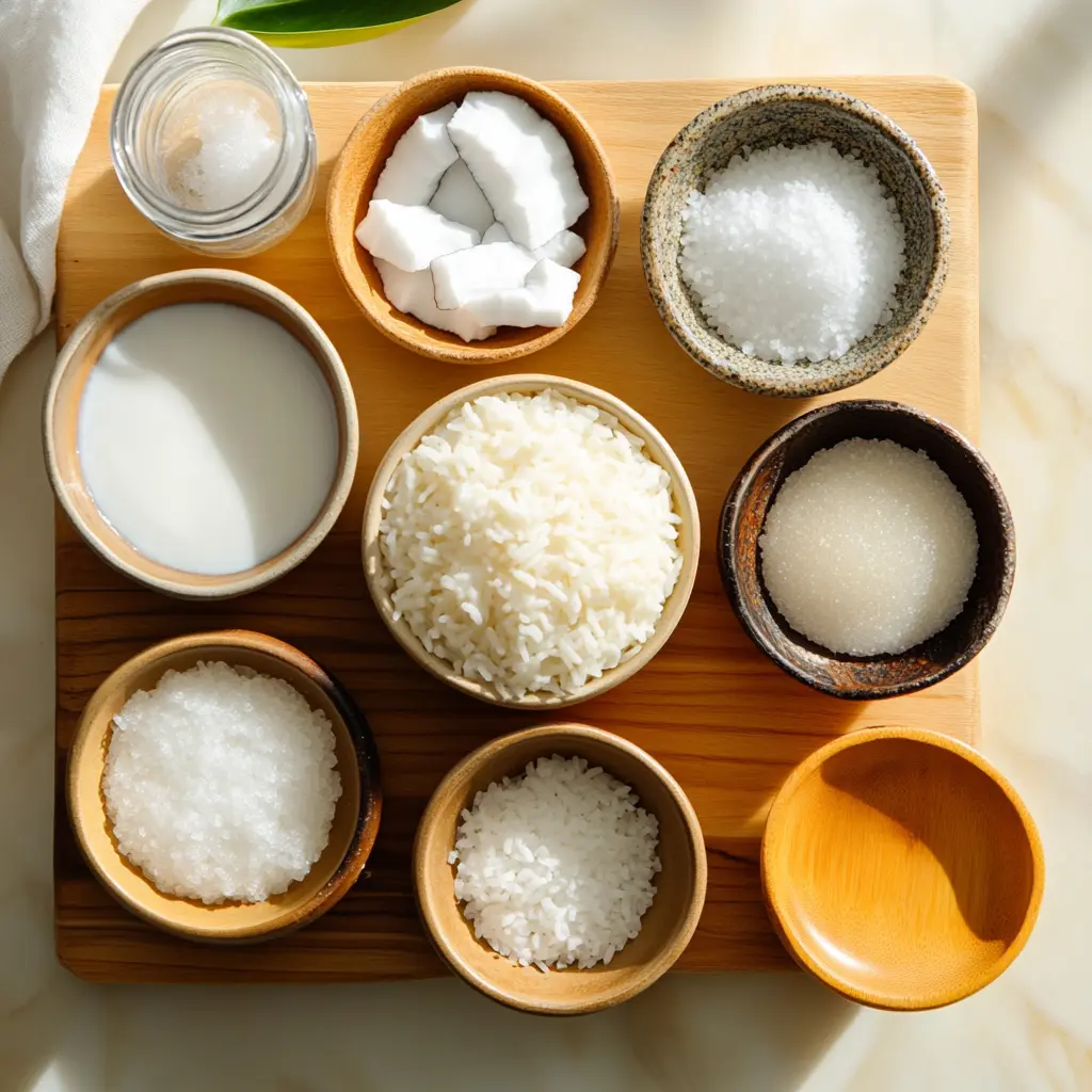 How to Make the Best Coconut Rice Recipe Today 6 Ingredients for coconut rice recipe, laid out clearly