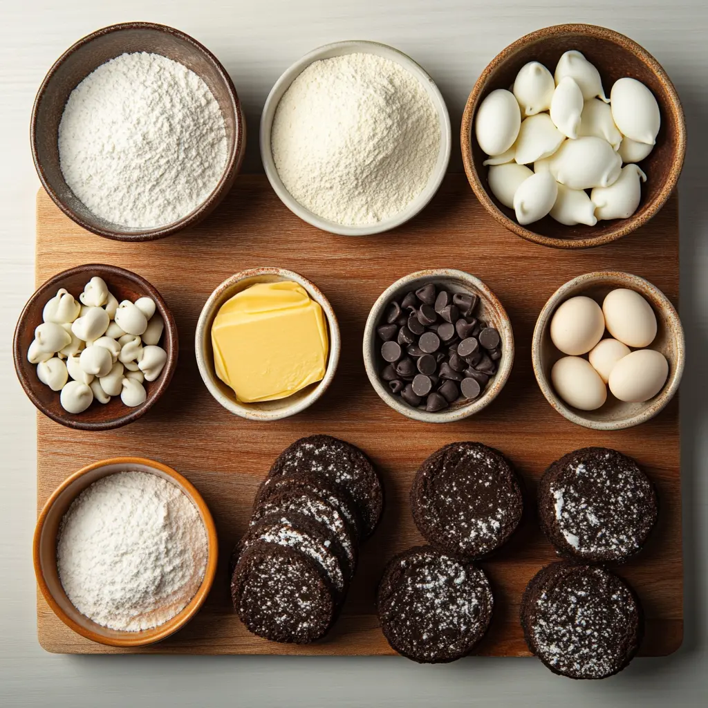 Ingredients for Cookies Cream Cookies, including Oreos and chocolate chips