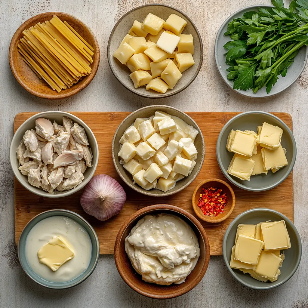 Ingredients for Cowboy Butter Chicken Pasta laid out neatly