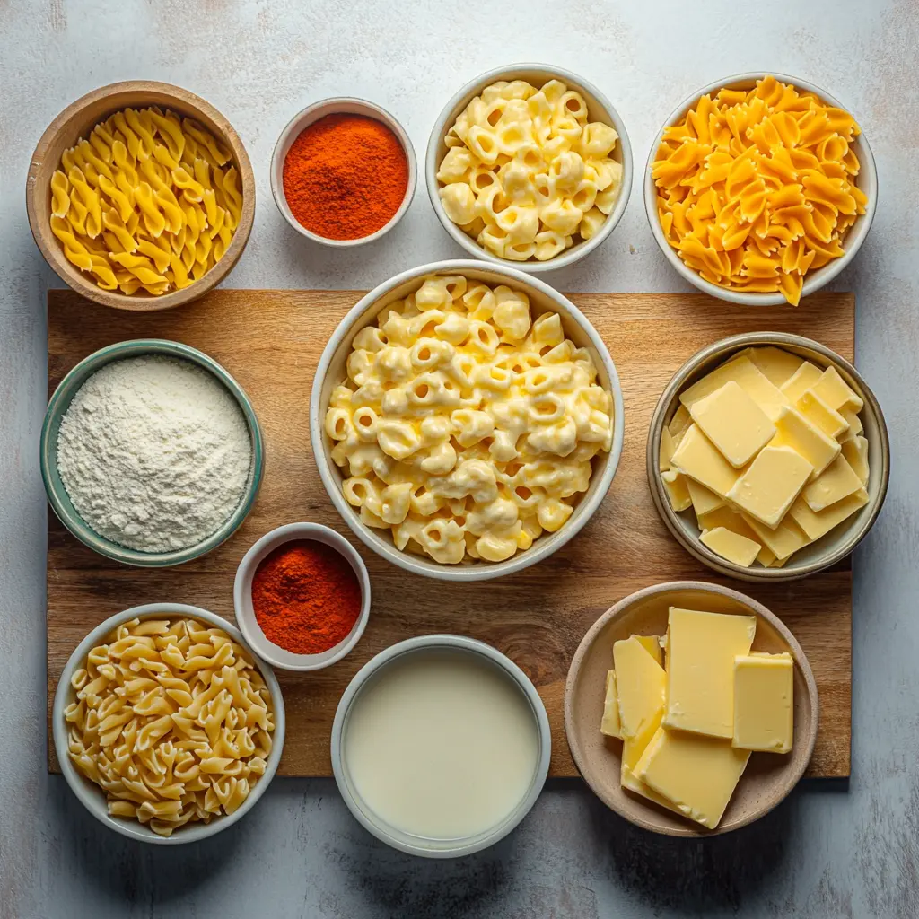 How to Make Cozy Creamy Baked Mac and Cheese Easy 6 Ingredients for Cozy Creamy Baked Mac and Cheese arranged neatly on a clean surface