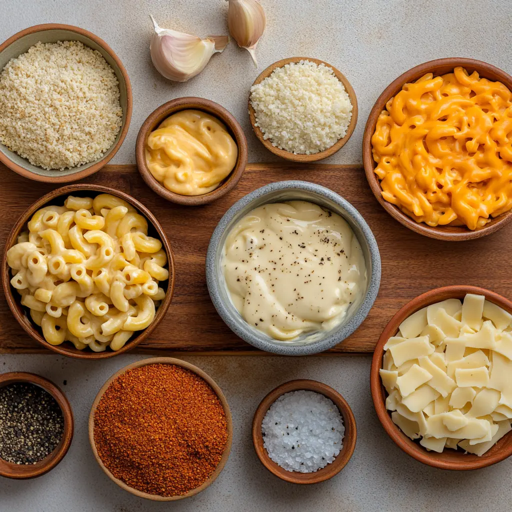 How to Make Creamy Baked Mac and Cheese Perfectly 6 Ingredients for creamy baked mac and cheese recipe arranged neatly