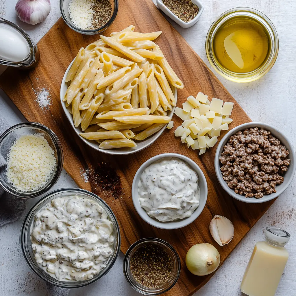 Quick Creamy Beef Pasta Recipe to Enjoy 6 CREAMY BEEF PASTA RECIPE centered hero view, clean and uncluttered