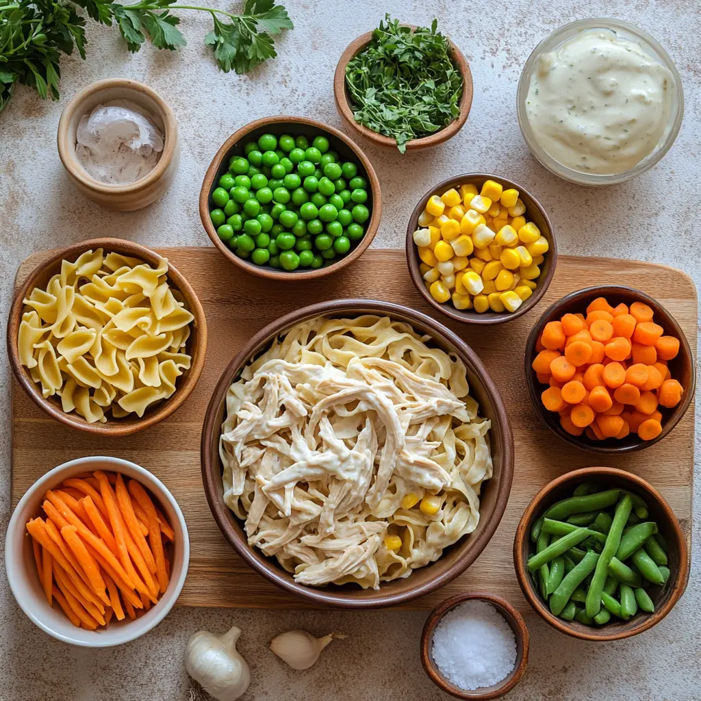 Delicious Creamy Chicken Pot Pie Pasta Recipe 6 Ingredients for creamy chicken pot pie pasta prepared and displayed neatly