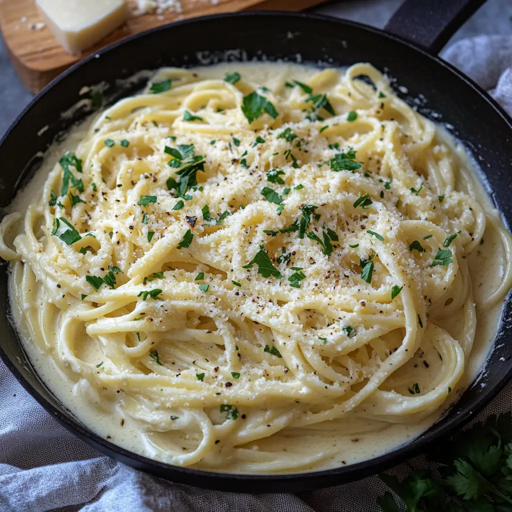 Ingredients for creamy garlic parmesan pasta laid out neatly