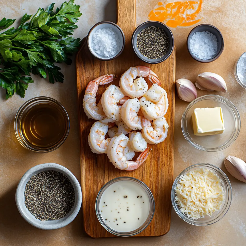 Ingredients for creamy garlic shrimp recipe, neatly arranged