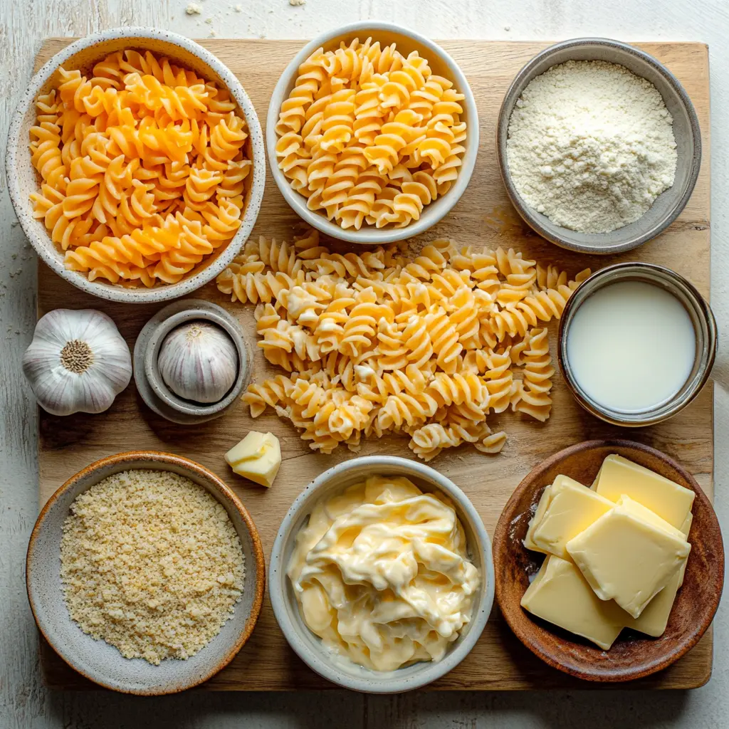 Ingredients for creamy Gouda mac and cheese, neatly arranged