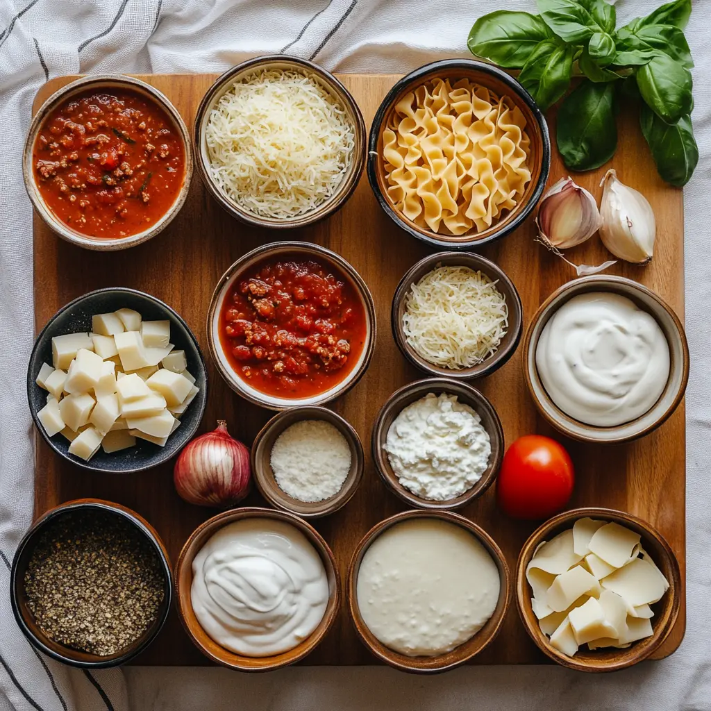 EASY CREAMY LASAGNA SOUP ingredients arranged on a clean background