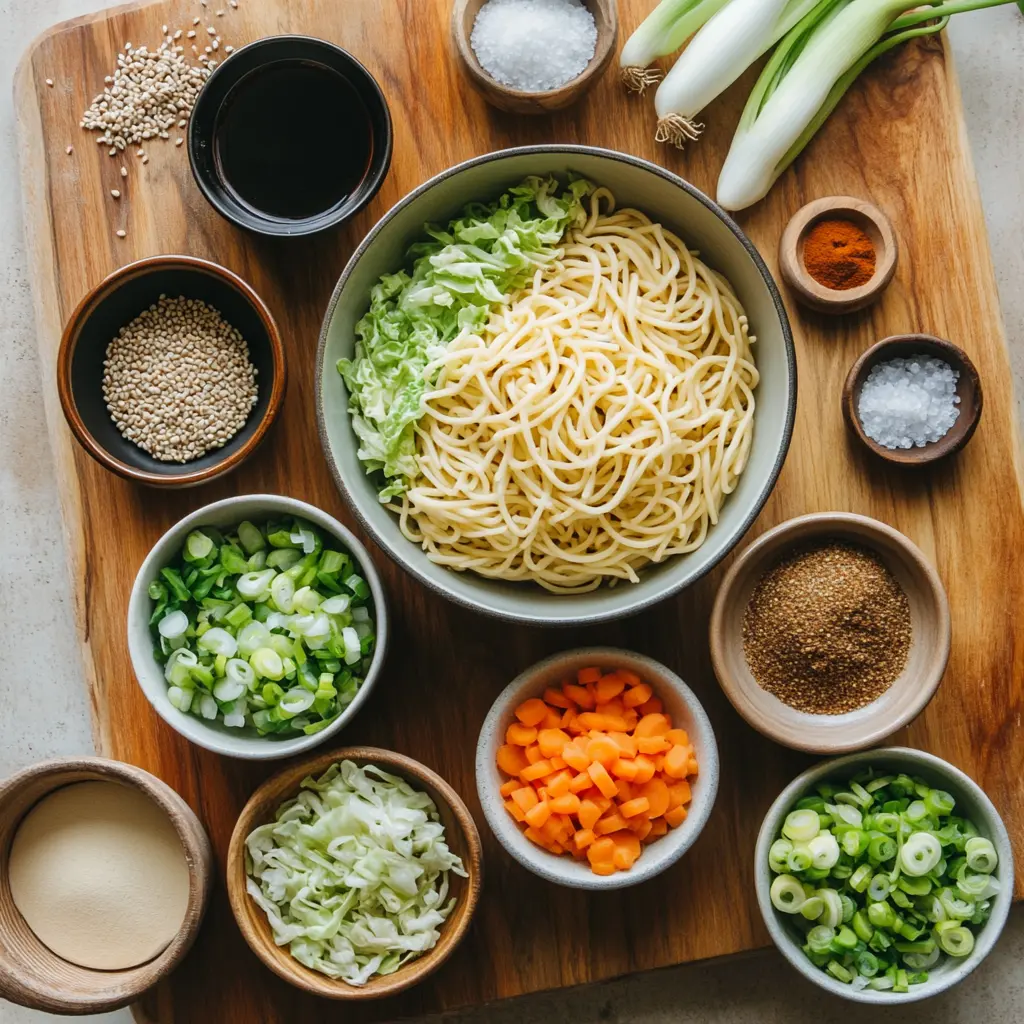 Ingredients for Easy One-Pot Teriyaki Noodles Recipe, neatly arranged